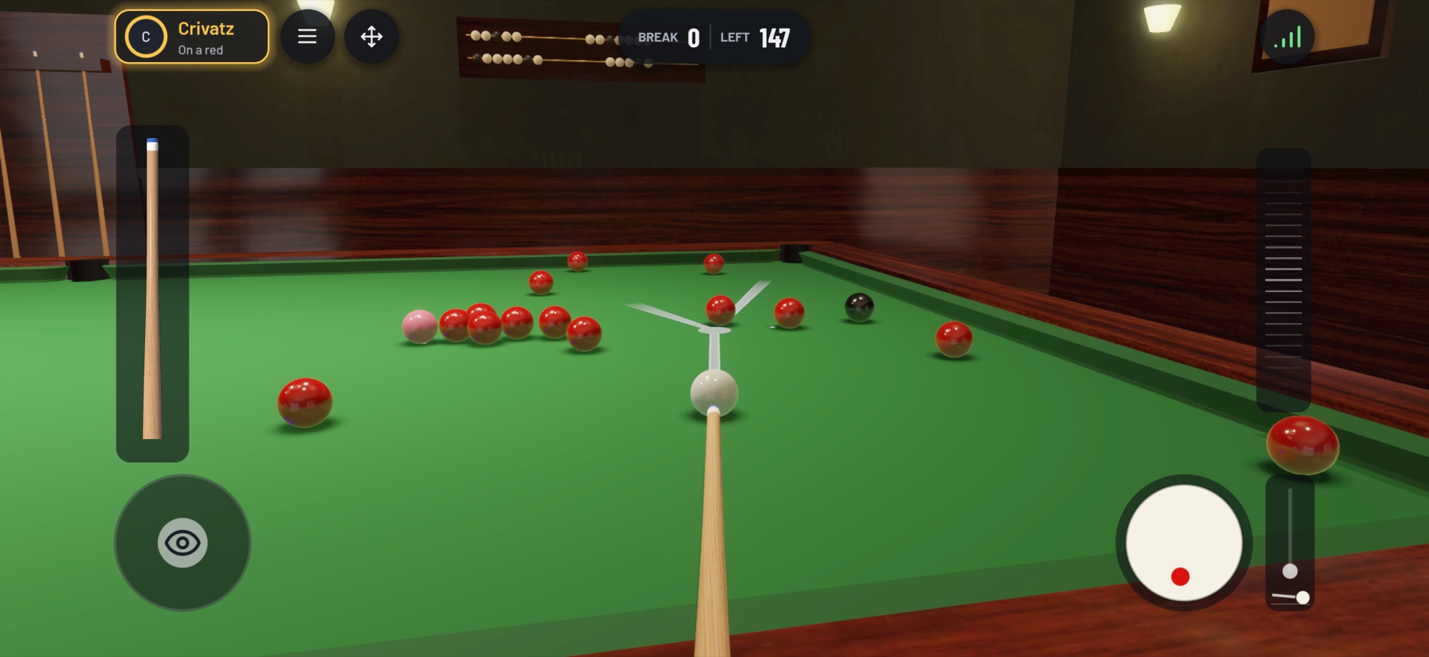Aiming a cut on a red in snooker, the lines showing where the object ball and the cue ball go.