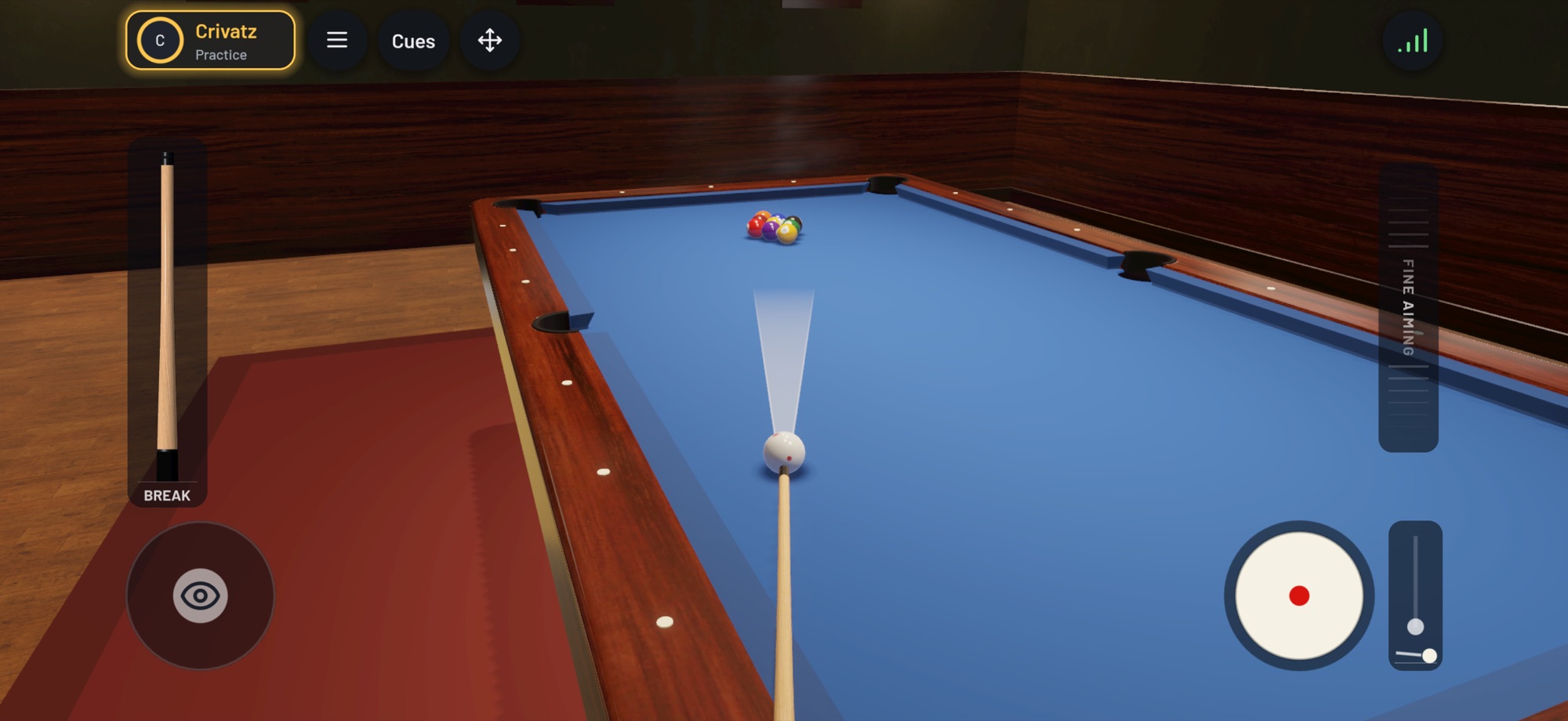 True Pool on an iPhone: lining up the 9-ball break from behind the cue ball, the rack at the far end of a blue-cloth table.