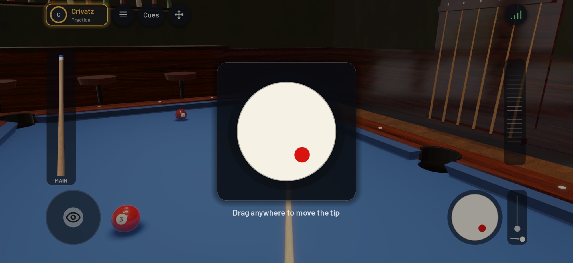 Placing the tip low and right on the cue ball: drag anywhere to move the tip.